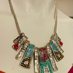 Boho Multicolor Statement Necklace - Silver Tone